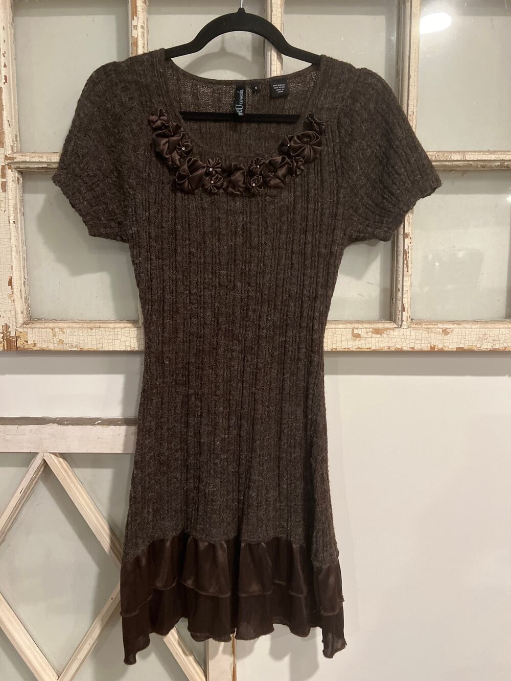 RU Cowgirl size small brown sweater dress with satin trim detail